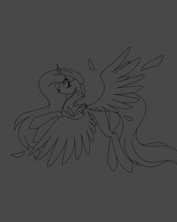 Size: 1080x1350 | Tagged: safe, artist:tessa_key_, oc, oc only, alicorn, pony, alicorn oc, dark background, horn, lineart, monochrome, solo, wings, worried