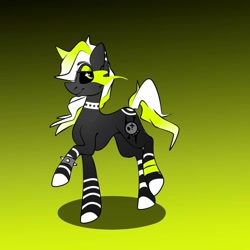 Size: 1080x1080 | Tagged: safe, artist:tessa_key_, oc, oc only, earth pony, pony, black sclera, choker, colored hooves, earth pony oc, eyelashes, gradient background, raised hoof, smiling, solo, sombra eyes, spiked choker