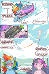 Size: 960x1440 | Tagged: safe, artist:cold-blooded-twilight, rainbow dash, twilight sparkle, pegasus, pony, unicorn, cold blooded twilight, comic:cold storm, g4, blushing, chest fluff, clothes, cloud, comic, dialogue, eyes closed, female, flying, grin, leggings, lesbian, looking at each other, rainbow trail, ship:twidash, shipping, smiling, speech bubble, speed lines, spread wings, unicorn twilight, wings