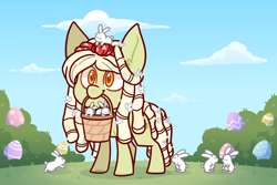 Size: 3000x2000 | Tagged: safe, artist:jetjetj, part of a set, oc, oc only, oc:peace pie, earth pony, pony, rabbit, animal, chibi, commission, easter egg, female, high res, mare, solo, ych result
