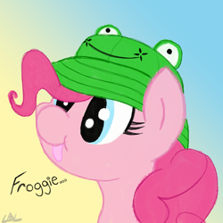 Size: 2160x2160 | Tagged: safe, artist:legendoflink, pinkie pie, g4, cute, diapinkes, frog hat, gradient background, hat, high res, text, tongue out