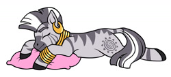 Size: 1280x579 | Tagged: safe, artist:mobylace, zecora, pony, zebra, g4, bracelet, cute, ear piercing, earring, eyes closed, female, jewelry, lying down, mare, neck rings, piercing, pillow, prone, quadrupedal, simple background, sleeping, solo, white background, zecorable