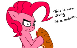 Size: 900x563 | Tagged: safe, artist:invader-star-irken, pinkie pie, g4, 2012, food, frown, psychostick, sandwich, song reference, submarine sandwich, talking to viewer, thick eyebrows