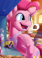 Size: 1430x2000 | Tagged: safe, artist:tsitra360, pinkie pie, twilight sparkle, earth pony, pony, unicorn, g4, bakery, cash register, chocolate, clothes, commission, cutie mark, exclamation point, eyepatch, food, future twilight, indoors, micro, open mouth, snack, sneaking, unicorn twilight