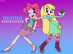 Size: 1024x759 | Tagged: safe, artist:sunriseshine88, pinkie pie, equestria girls, g4, duo, duo female, equestria girls-ified, female, one eye closed, royal magic wand, star butterfly, star vs the forces of evil, wink