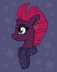 Size: 2392x3024 | Tagged: safe, artist:pink-pone, fizzlepop berrytwist, tempest shadow, pony, unicorn, g4, my little pony: the movie, broken horn, bust, clothes, cozy, cute, ear piercing, earring, happy, high res, hnnng, horn, jewelry, piercing, portrait, profile, scarf, smiling, solo