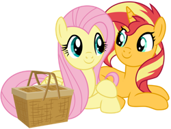 Size: 1024x768 | Tagged: safe, artist:emeraldblast63, fluttershy, sunset shimmer, pegasus, pony, unicorn, g4, basket, cute, duo, duo female, female, friends, mare, picnic, picnic basket, shimmerbetes, shyabetes, simple background, sweet dreams fuel, transparent background