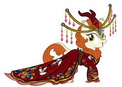 Size: 2745x1960 | Tagged: safe, artist:mylittlepastafarian, autumn blaze, kirin, g4, clothes, dress, female, happy, headdress, high res, looking back, open mouth, open smile, raised hoof, robe, smiling, solo