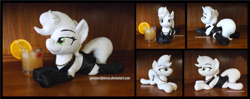 Size: 4440x1754 | Tagged: safe, artist:peruserofpieces, oc, oc only, oc:petina, pony, unicorn, alcohol, beanie (plushie), black dress, boots, cherry, clothes, dress, female, food, irl, jewelry, little black dress, looking at you, lying down, mare, necklace, photo, plushie, prone, shoes, smiling, smiling at you, solo, sploot, whiskey