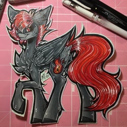 Size: 1080x1080 | Tagged: safe, artist:moshi.poni, oc, oc only, pegasus, pony, chest fluff, colored hooves, ear fluff, eyelashes, female, hair over one eye, mare, pegasus oc, raised hoof, signature, smiling, solo, traditional art, wings