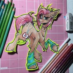 Size: 1080x1080 | Tagged: safe, artist:moshi.poni, babs seed, earth pony, pony, g4, ear fluff, ear piercing, earring, eyelashes, jewelry, leg warmers, necklace, older, older babs seed, piercing, raised hoof, signature, smiling, solo, traditional art