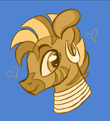 Size: 540x594 | Tagged: safe, artist:woollily, zecora, pony, zebra, g4, alternate color palette, blue background, bust, ear piercing, earring, female, heart, jewelry, mare, neck rings, piercing, quadrupedal, simple background, smiling, solo