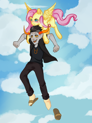 Size: 1200x1600 | Tagged: safe, artist:lavvythejackalope, fluttershy, pegasus, pony, g4, blushing, clothes, cloud, crossover, feet, female, flying, homestuck, horns, male, male feet, mare, outdoors, pants, sandals, troll (homestuck), wings