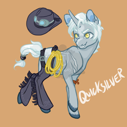 Size: 900x900 | Tagged: safe, artist:lavvythejackalope, oc, oc only, oc:quicksilver, pony, unicorn, belt, brown background, clothes, goggles, grin, hat, horn, looking back, male, rope, simple background, smiling, socks, solo, stallion, unicorn oc, unshorn fetlocks