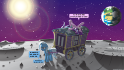 Size: 3840x2160 | Tagged: safe, artist:le-23, pinkie pie, starlight glimmer, trixie, pony, unicorn, g4, complex background, crater, duo focus, earth, female, fly me to the moon, frank sinatra, funny, high res, lens flare, lying down, mare, moon, on the moon, planet, scenery, shooting star, singing, smiling, song reference, space, speech bubble, stars, sun, text, trixie is not amused, trixie's wagon, unamused