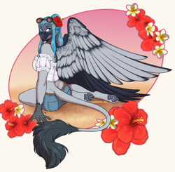 Size: 3689x3619 | Tagged: safe, artist:blackblood-queen, oc, oc only, oc:rio azura, griffon, anthro, digitigrade anthro, blouse, clothes, commission, dimples of venus, facial markings, female, flower, flower in hair, griffon oc, high res, kneeling, leonine tail, looking at you, midriff, paw pads, paws, pose, short shirt, shoulderless, smiling, solo, spread wings, sunglasses, underpaw, wings