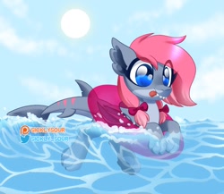 Size: 1050x911 | Tagged: safe, artist:sickly-sour, oc, oc only, original species, pony, shark, shark pony, bow, female, hair bow, mare, solo, sun, water, wave