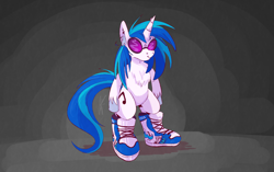 Size: 1352x848 | Tagged: safe, artist:burgivore, dj pon-3, vinyl scratch, pony, unicorn, g4, bipedal, chest fluff, clothes, ear fluff, ear piercing, earring, female, high tops, jewelry, mare, piercing, shoes, shoes only, simple background, smiling, sneakers, solo