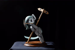 Size: 6048x4024 | Tagged: safe, artist:shuxer59, marble pie, earth pony, pony, g4, absurd resolution, black background, colored, craft, cute, female, figurine, handmade, irl, marblebetes, mare, minecraft, mouth hold, photo, pickaxe, polymer clay, road sign, sign, simple background, solo, statue, wood