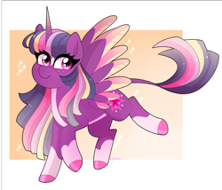 Size: 3000x2562 | Tagged: safe, artist:emera33, twilight sparkle, alicorn, pony, g4, coat markings, colored hooves, colored wings, female, high res, leonine tail, mare, multicolored mane, multicolored wings, redesign, signature, simple background, smiling, socks (coat markings), solo, twilight sparkle (alicorn), wings