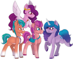 Size: 1861x1501 | Tagged: safe, artist:king-justin, hitch trailblazer, izzy moonbow, pipp petals, sunny starscout, earth pony, pegasus, pony, unicorn, g5, blushing, female, flying, headband, male, mare, purse, raised leg, red eyes, red-eyed pipp, simple background, smiling, stallion, transparent background, unshorn fetlocks