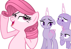 Size: 1042x720 | Tagged: safe, artist:muhammad yunus, oc, oc only, oc:annisa trihapsari, alicorn, earth pony, pony, unicorn, g4, bald, base used, bedroom eyes, earth pony oc, female, gritted teeth, group, mare, not rarity, open mouth, pink body, pink hair, simple background, transparent background, vector