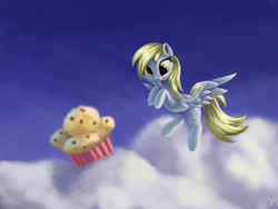 Size: 4000x3000 | Tagged: safe, artist:flusanix, derpy hooves, pegasus, pony, g4, cloud, derp, eyes on the prize, female, food, mare, muffin, signature, sky, solo, that pony sure does love muffins, tongue out