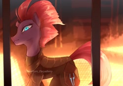 Size: 2000x1400 | Tagged: safe, artist:daryaberry, tempest shadow, pony, unicorn, g4, my little pony: the movie, broken horn, cage, female, horn, mare, open up your eyes, scene interpretation, signature, solo