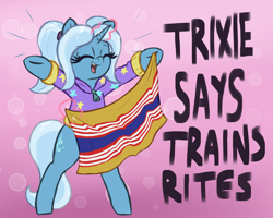 Size: 2268x1812 | Tagged: safe, artist:t72b, trixie, pony, unicorn, g4, abstract background, alternate hairstyle, babysitter trixie, bipedal, clothes, female, flag, hoodie, hoof hold, magic, mouthpiece, parody, pride flag, pun, solo