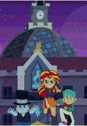Size: 224x324 | Tagged: safe, edit, edited screencap, screencap, snails, snips, sunset shimmer, equestria girls, g4, my little pony equestria girls, animated, bowtie, cropped, female, gif, hat, male, running, slowed down, top hat, trio