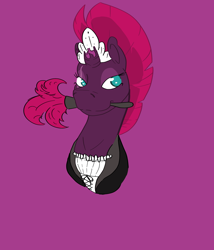 Size: 3000x3500 | Tagged: safe, artist:spagootispootis, tempest shadow, pony, unicorn, g4, broken horn, bust, clothes, duster, eye scar, high res, horn, maid, maid headdress, mouth hold, purple background, scar, simple background