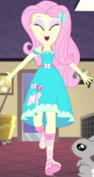 Size: 1920x3601 | Tagged: safe, screencap, fluttershy, rabbit, equestria girls, g4, my little pony equestria girls: better together, so much more to me, ^^, animal, clothes, cropped, cute, cutie mark, cutie mark on clothes, dress, eyes closed, female, fluttershy boho dress, geode of fauna, hairpin, jewelry, magical geodes, necklace, open mouth, open smile, open-toed shoes, running, shyabetes, singing, sleeveless, smiling