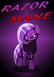 Size: 864x1234 | Tagged: safe, artist:death-driver-5000, pony, 2spot, bloody bunny, bloody bunny: first blood, dizzyland carousel horse, gradient background, possibly pony related, purple blade, razor mane, solo