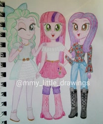 Size: 1080x1298 | Tagged: safe, artist:mmy_little_drawings, oc, oc only, equestria girls, g4, boots, bow, clothes, eyelashes, female, hair bow, high heel boots, one eye closed, open mouth, pants, shoes, skirt, traditional art, watermark, wink