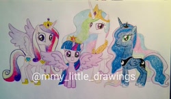 Size: 1080x626 | Tagged: safe, artist:mmy_little_drawings, princess cadance, princess celestia, princess luna, twilight sparkle, alicorn, pony, g4, female, hoof shoes, horn, jewelry, mare, peytral, smiling, spread wings, tiara, traditional art, twilight sparkle (alicorn), watermark, wings