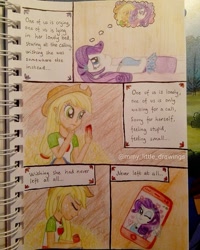 Size: 1080x1350 | Tagged: safe, artist:mmy_little_drawings, applejack, rarity, equestria girls, equestria girls specials, g4, my little pony equestria girls: better together, my little pony equestria girls: rollercoaster of friendship, cellphone, clothes, comic, dialogue, eyes closed, female, hat, lesbian, lying down, on back, one eye closed, phone, phone screen, ship:rarijack, shipping, smartphone, smiling, traditional art, watermark, wink