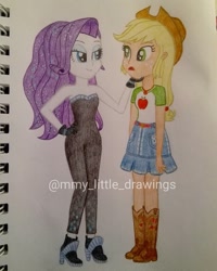 Size: 1080x1350 | Tagged: safe, artist:mmy_little_drawings, applejack, rarity, equestria girls, g4, my little pony equestria girls: better together, the other side, bare shoulders, bedroom eyes, boots, clothes, eyelashes, female, freckles, gloves, hand on hip, hat, high heels, lesbian, open mouth, ship:rarijack, shipping, shoes, skirt, sleeveless, smiling, strapless, traditional art, watermark