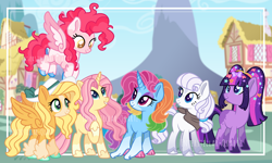 Size: 2656x1592 | Tagged: safe, artist:interstellar-quartz, artist:katsubases, applejack, fluttershy, pinkie pie, rainbow dash, rarity, twilight sparkle, oc, oc:amaryllis, oc:iridescent, oc:ivory, oc:sparkling cider, oc:surprise fuchsia, oc:twinkie sprinkle, earth pony, pegasus, pony, unicorn, amaryllisverse, g4, alternate design, base used, female, hat, mane six, mare, race swap