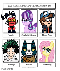 Size: 818x977 | Tagged: safe, artist:froyo15sugarblast, fluttershy, starlight glimmer, cat, demon, human, imp, pegasus, pony, unicorn, anthro, g4, anime, anthro with ponies, avocato (final space), bags under eyes, bowtie, clothes, dipper pines, final space, freckles, gravity falls, hat, hellaverse, hellborn, helluva boss, izuku midoriya, jacket, looking at you, male, moxxie knolastname, my hero academia, six fanarts, spacesuit, template, ventrexian