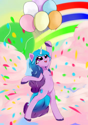 Size: 2480x3507 | Tagged: safe, artist:abracadabra, izzy moonbow, pony, unicorn, g5, balloon, bipedal, chest fluff, cute, female, floating, food, happy, high res, implied mane six, izzybetes, mare, rainbow, solo, sprinkles, unshorn fetlocks