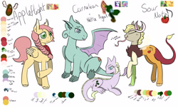 Size: 5000x3000 | Tagged: safe, artist:silverderpychu, edit, screencap, applejack, big macintosh, discord, fluttershy, rarity, spike, oc, oc:appleflight, oc:carnelian, oc:nettle agate, oc:sour note, draconequus, dracony, hybrid, pegasus, pony, g4, color palette, cute, cute little fangs, cutie mark, descriptive noise, draconequus oc, eyes closed, fangs, female, folded wings, freckles, horns, interspecies offspring, long tongue, male, neckerchief, next generation, offspring, one wing out, parent:applejack, parent:big macintosh, parent:discord, parent:fluttershy, parent:rarity, parent:spike, parents:applecord, parents:fluttermac, parents:sparity, raised hoof, screencap reference, ship:applecord, ship:fluttermac, ship:sparity, shipping, simple background, straight, tongue out, white background, wings