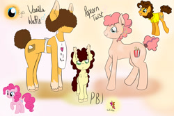 Size: 3000x2000 | Tagged: safe, artist:silverderpychu, cheese sandwich, pinkie pie, oc, oc:pbj, oc:popcorn twist, oc:vanilla waffle, earth pony, pony, g4, afro, apron, clothes, colt, cutie mark, female, filly, hair over eyes, high res, male, ship:cheesepie, shipping, siblings, straight