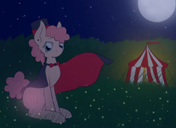 Size: 2340x1705 | Tagged: safe, artist:silverderpychu, oc, oc only, oc:popcorn twist, earth pony, firefly (insect), insect, pony, bowtie, cape, circus tent, clothes, cutie mark, female, filly, full moon, hat, looking at you, moon, night, offspring, parent:cheese sandwich, parent:pinkie pie, parents:cheesepie, sitting, solo, stars, top hat