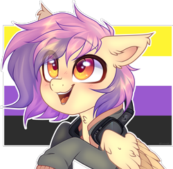Size: 2208x2158 | Tagged: safe, artist:_spacemonkeyz_, oc, oc only, pegasus, pony, blushing, clothes, eye clipping through hair, eyebrows, eyebrows visible through hair, headphones, high res, jacket, nonbinary pride flag, not fluttershy, pride, pride flag, smiling, solo