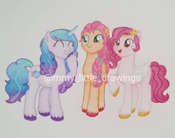 Size: 1080x849 | Tagged: safe, artist:mmy_little_drawings, izzy moonbow, pipp petals, sunny starscout, earth pony, pegasus, pony, unicorn, g5, ^^, adorapipp, cute, eyes closed, female, horn, izzybetes, mare, obtrusive watermark, open mouth, raised hoof, red eyes, red-eyed pipp, smiling, sunnybetes, traditional art, trio, trio female, unshorn fetlocks, watermark, wings
