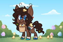 Size: 3000x2000 | Tagged: safe, artist:jetjetj, part of a set, oc, oc only, oc:june bug, pegasus, pony, basket, chibi, chick, commission, easter egg, female, high res, mare, mouth hold, solo, ych result
