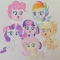 Size: 998x998 | Tagged: safe, artist:mmy_little_drawings, applejack, fluttershy, pinkie pie, rainbow dash, rarity, twilight sparkle, alicorn, earth pony, pegasus, pony, unicorn, g4.5, my little pony: pony life, applejack's hat, cowboy hat, cute, female, hat, looking at you, mane six, mare, obtrusive watermark, one eye closed, open mouth, smiling, smiling at you, twilight sparkle (alicorn), watermark, wink, winking at you
