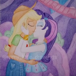 Size: 1015x1015 | Tagged: safe, artist:mmy_little_drawings, applejack, rarity, equestria girls, equestria girls specials, g4, my little pony equestria girls: better together, my little pony equestria girls: rollercoaster of friendship, applejack's hat, bracelet, clothes, cowboy hat, cutie mark, cutie mark on clothes, denim skirt, equestria land, eyelashes, eyes closed, female, freckles, geode of shielding, hat, hug, jewelry, kiss on the lips, kissing, lesbian, magical geodes, outdoors, rarity peplum dress, ship:rarijack, shipping, skirt, traditional art, watermark, what if