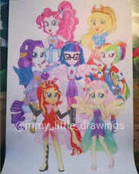 Size: 1080x1350 | Tagged: safe, artist:mmy_little_drawings, applejack, fluttershy, pinkie pie, rainbow dash, rarity, sci-twi, sunset shimmer, twilight sparkle, equestria girls, equestria girls specials, g4, my little pony equestria girls: better together, my little pony equestria girls: forgotten friendship, clothes, cutie mark, cutie mark on clothes, female, glasses, humane five, humane seven, humane six, looking at you, open mouth, ponied up, ponytail, smiling, smiling at you