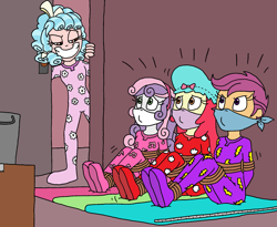 Size: 1729x1418 | Tagged: safe, artist:bugssonicx, apple bloom, cozy glow, scootaloo, sweetie belle, human, equestria girls, g4, arm behind back, bloomsub, bondage, bound and gagged, broom closet, closet, cloth gag, clothes, cozydom, cutie mark crusaders, equestria girls-ified, evil smile, female, footed sleeper, footie pajamas, gag, grin, hat, help us, nightcap, over the nose gag, pajamas, rope, rope bondage, scootasub, sleeping bag, sleepover, slumber party, smiling, sweetiesub, tied up